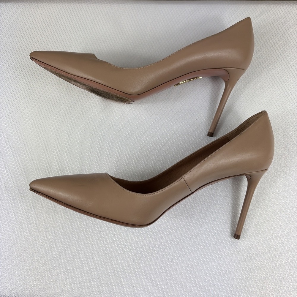 Aquazzura Leather Firenze Pumps Beige Size 39.5 Pointed Toe Heel - Picture 5 of 11